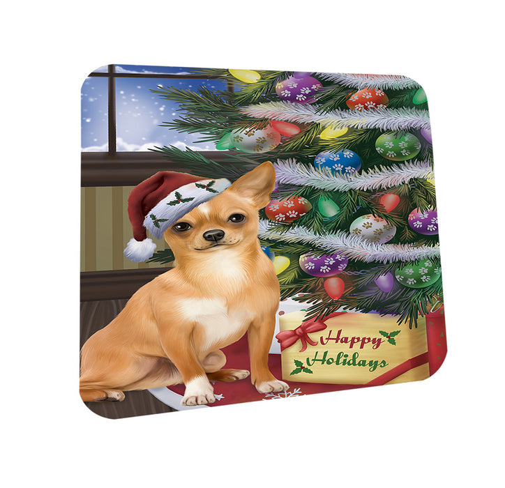 Christmas Happy Holidays Chihuahua Dog with Tree and Presents Coasters Set of 4 CST53777