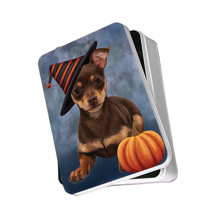 Happy Halloween Chihuahua Dog Wearing Witch Hat with Pumpkin Photo Storage Tin PITN54825