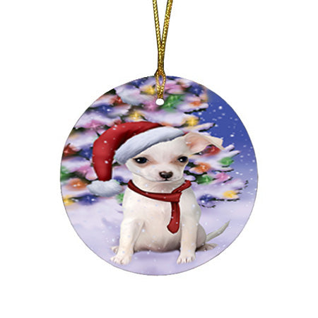 Winterland Wonderland Chihuahua Dog In Christmas Holiday Scenic Background  Round Flat Christmas Ornament RFPOR53371