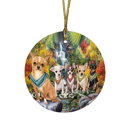 Scenic Waterfall Chihuahuas Dog Round Flat Christmas Ornament RFPOR51845