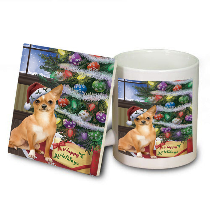Christmas Happy Holidays Chihuahua Dog with Tree and Presents Mug and Coaster Set MUC53811