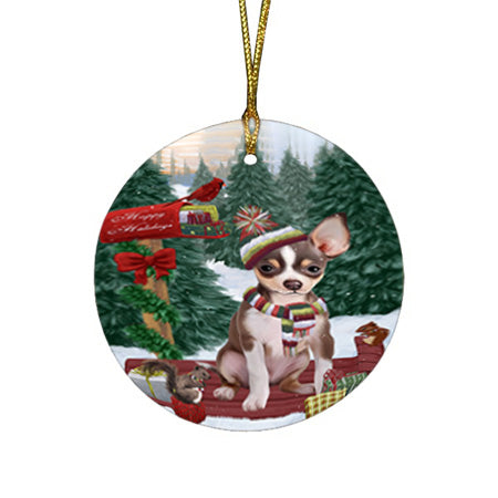 Merry Christmas Woodland Sled Chihuahua Dog Round Flat Christmas Ornament RFPOR55251