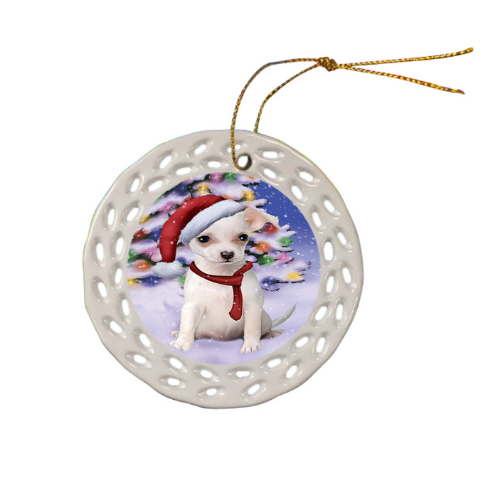 Winterland Wonderland Chihuahua Dog In Christmas Holiday Scenic Background  Ceramic Doily Ornament DPOR53380