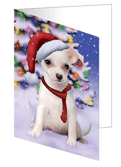 Winterland Wonderland Chihuahua Dog In Christmas Holiday Scenic Background  Handmade Artwork Assorted Pets Greeting Cards and Note Cards with Envelopes for All Occasions and Holiday Seasons GCD64169