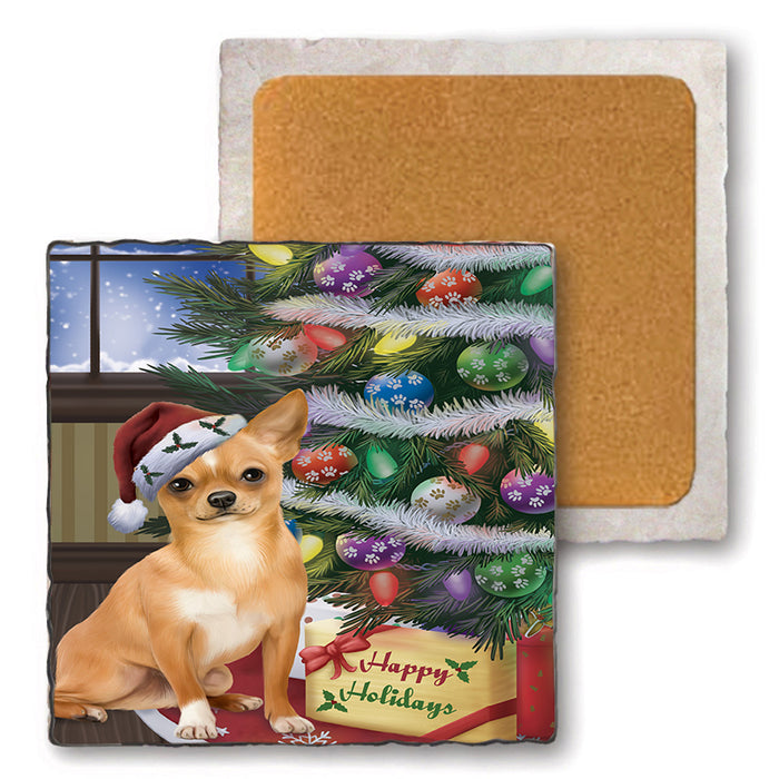 Christmas Happy Holidays Chihuahua Dog with Tree and Presents Set of 4 Natural Stone Marble Tile Coasters MCST48819
