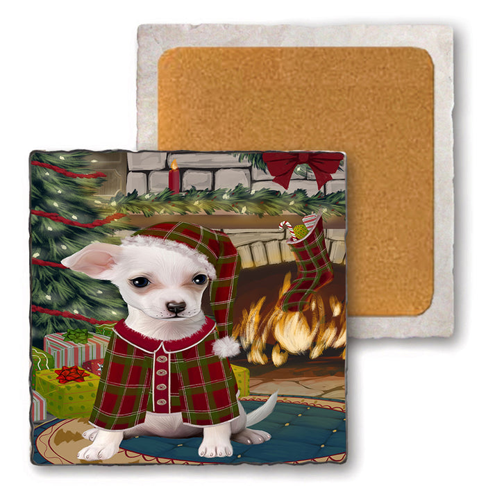 The Stocking was Hung Chihuahua Dog Set of 4 Natural Stone Marble Tile Coasters MCST50272