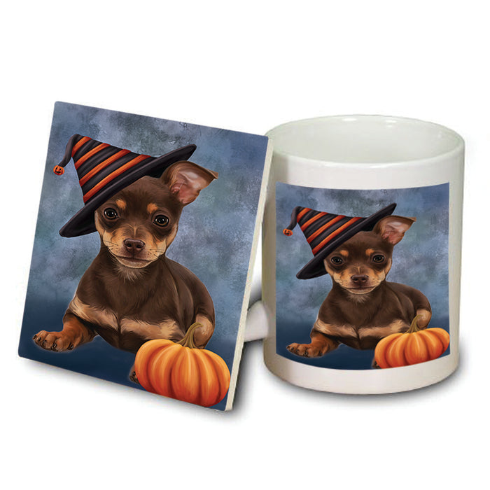 Happy Halloween Chihuahua Dog Wearing Witch Hat with Pumpkin Mug and Coaster Set MUC54874