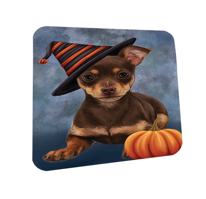 Happy Halloween Chihuahua Dog Wearing Witch Hat with Pumpkin Coasters Set of 4 CST54840