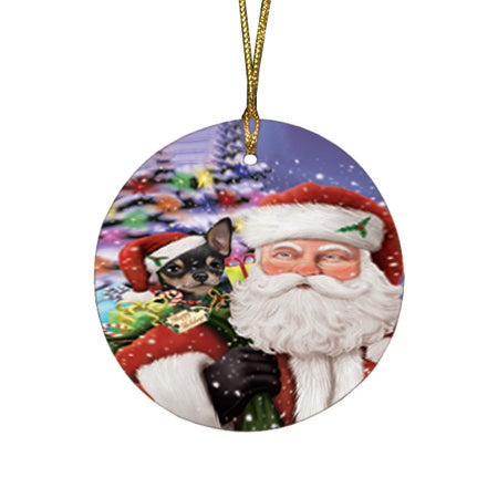 Santa Carrying Chihuahua Dog and Christmas Presents Round Flat Christmas Ornament RFPOR53969