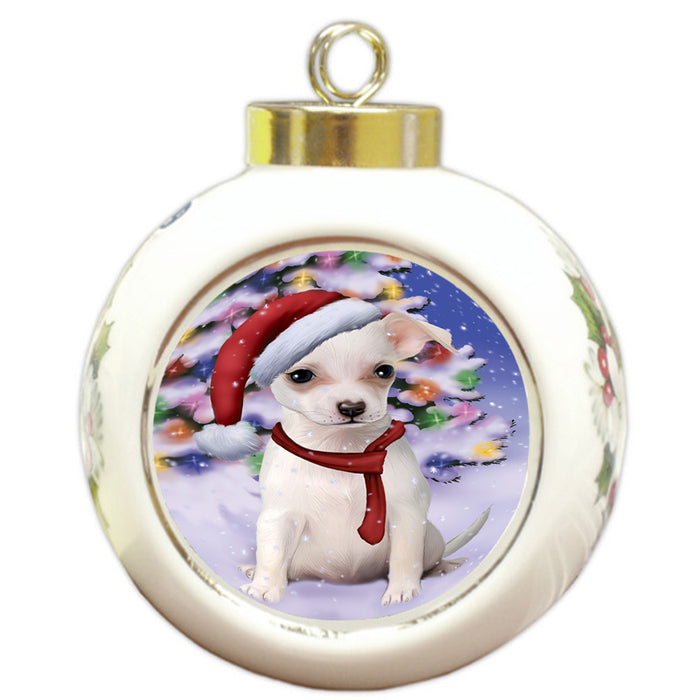 Winterland Wonderland Chihuahua Dog In Christmas Holiday Scenic Background  Round Ball Christmas Ornament RBPOR53380