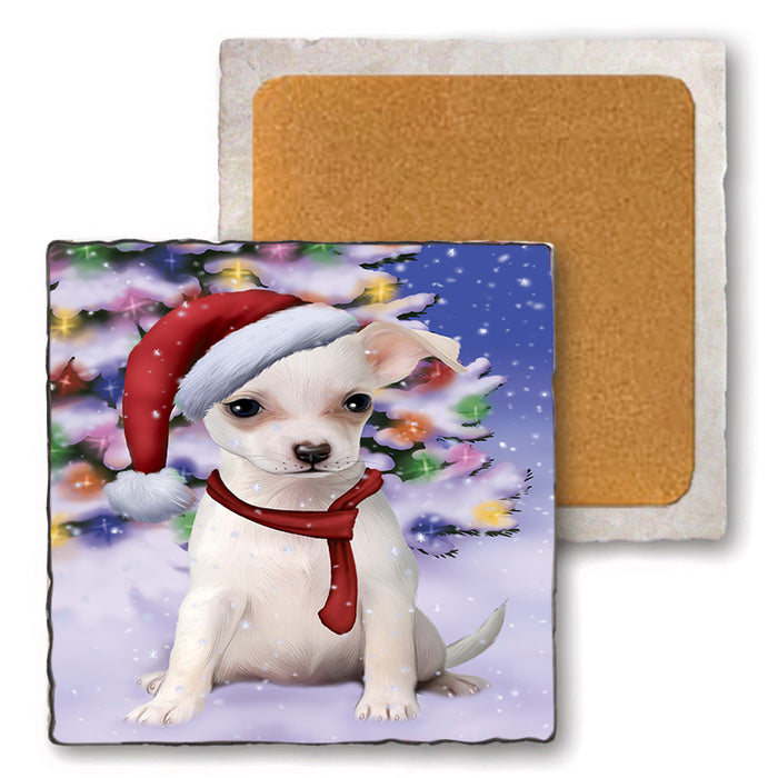 Winterland Wonderland Chihuahua Dog In Christmas Holiday Scenic Background  Set of 4 Natural Stone Marble Tile Coasters MCST48380
