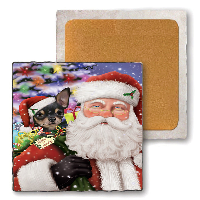 Santa Carrying Chihuahua Dog and Christmas Presents Set of 4 Natural Stone Marble Tile Coasters MCST48978