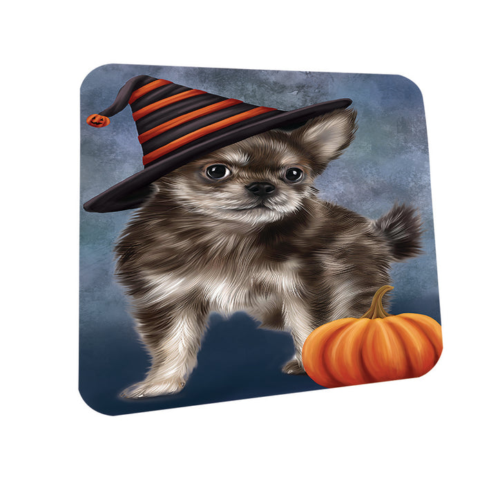 Happy Halloween Chihuahua Dog Wearing Witch Hat with Pumpkin Coasters Set of 4 CST54841