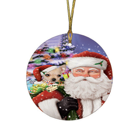 Santa Carrying Chihuahua Dog and Christmas Presents Round Flat Christmas Ornament RFPOR53970