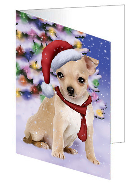 Winterland Wonderland Chihuahua Dog In Christmas Holiday Scenic Background  Handmade Artwork Assorted Pets Greeting Cards and Note Cards with Envelopes for All Occasions and Holiday Seasons GCD64172