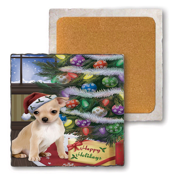 Christmas Happy Holidays Chihuahua Dog with Tree and Presents Set of 4 Natural Stone Marble Tile Coasters MCST48820
