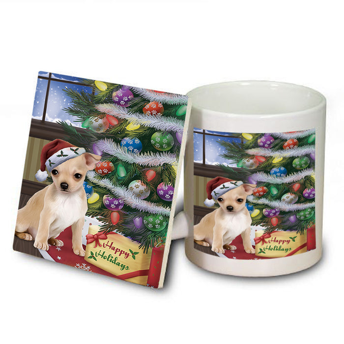 Christmas Happy Holidays Chihuahua Dog with Tree and Presents Mug and Coaster Set MUC53812