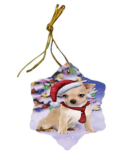 Winterland Wonderland Chihuahua Dog In Christmas Holiday Scenic Background  Star Porcelain Ornament SPOR53372