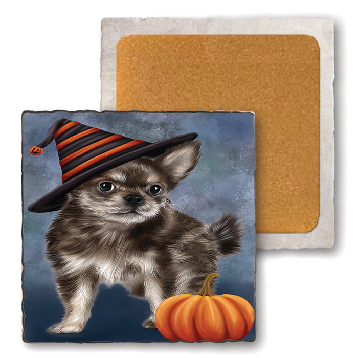Happy Halloween Chihuahua Dog Wearing Witch Hat with Pumpkin Set of 4 Natural Stone Marble Tile Coasters MCST49883