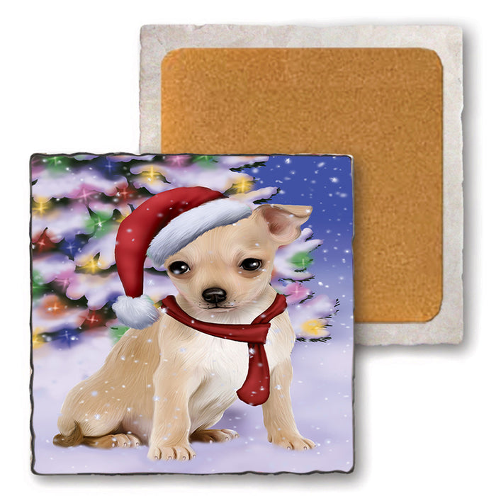 Winterland Wonderland Chihuahua Dog In Christmas Holiday Scenic Background  Set of 4 Natural Stone Marble Tile Coasters MCST48381