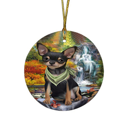 Scenic Waterfall Chihuahua Dog Round Flat Christmas Ornament RFPOR51846