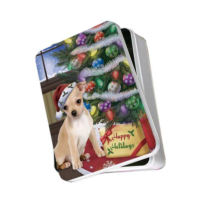 Christmas Happy Holidays Chihuahua Dog with Tree and Presents Photo Storage Tin PITN53763