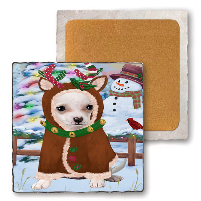 Christmas Gingerbread House Candyfest Chihuahua Dog Set of 4 Natural Stone Marble Tile Coasters MCST51303