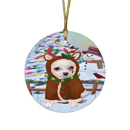 Christmas Gingerbread House Candyfest Chihuahua Dog Round Flat Christmas Ornament RFPOR56659