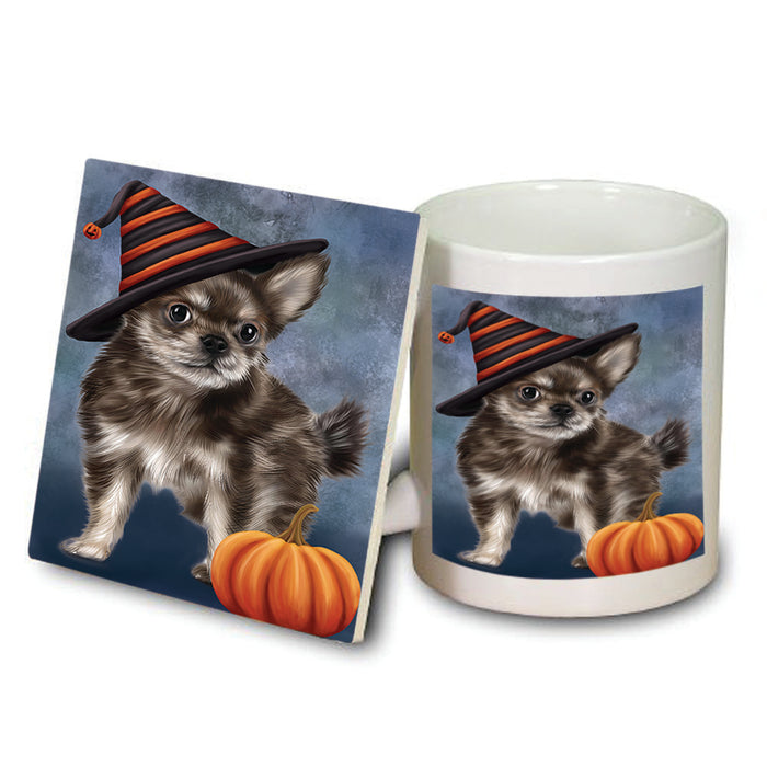 Happy Halloween Chihuahua Dog Wearing Witch Hat with Pumpkin Mug and Coaster Set MUC54875