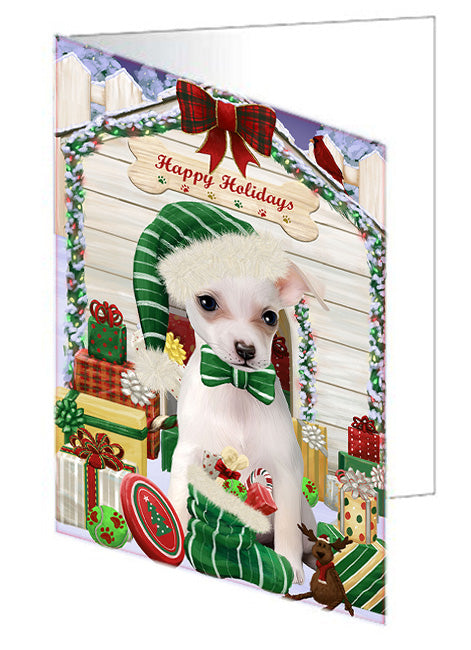 Happy Holidays Christmas Chihuahua Dog House with Presents Handmade Artwork Assorted Pets Greeting Cards and Note Cards with Envelopes for All Occasions and Holiday Seasons GCD58208