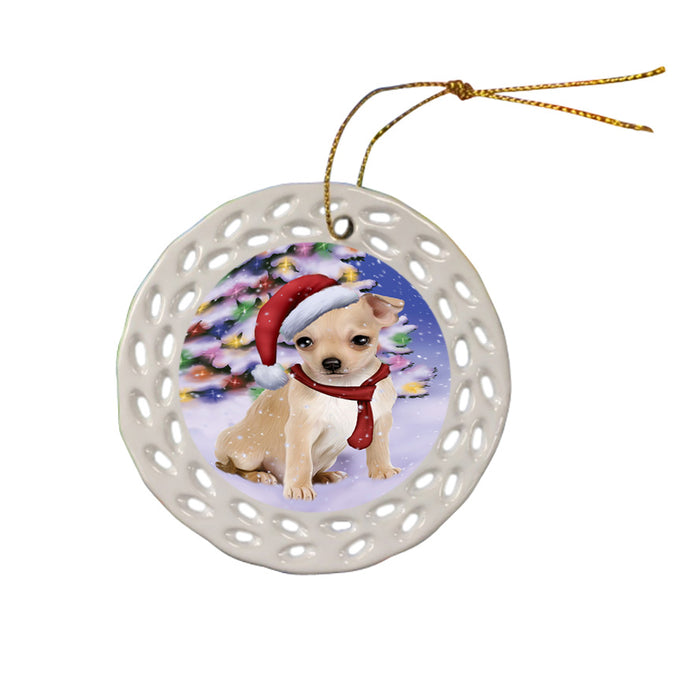 Winterland Wonderland Chihuahua Dog In Christmas Holiday Scenic Background  Ceramic Doily Ornament DPOR53381