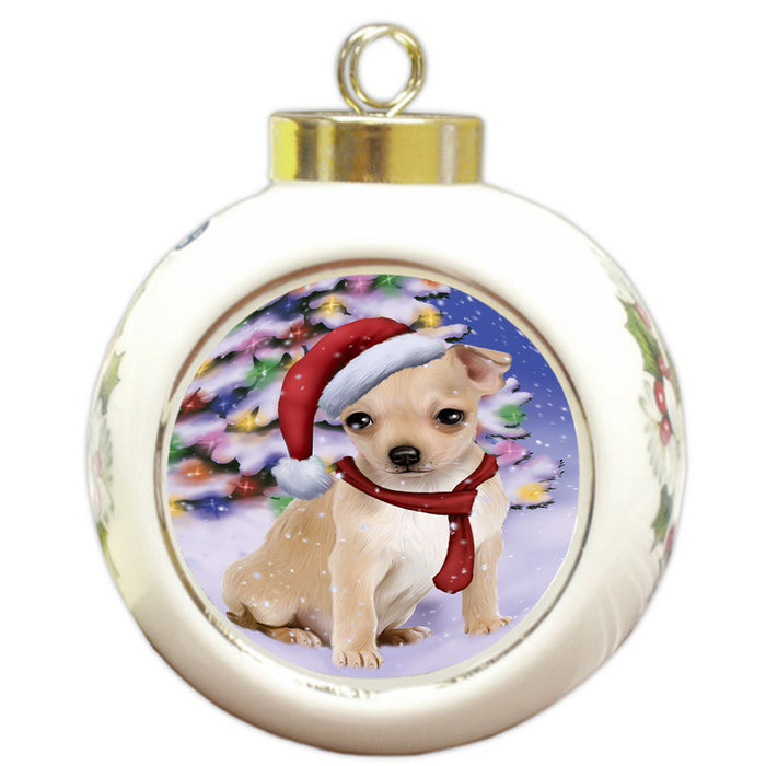 Winterland Wonderland Chihuahua Dog In Christmas Holiday Scenic Background  Round Ball Christmas Ornament RBPOR53381