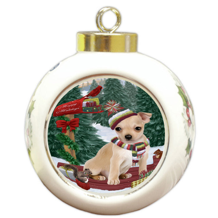 Merry Christmas Woodland Sled Chihuahua Dog Round Ball Christmas Ornament RBPOR55252