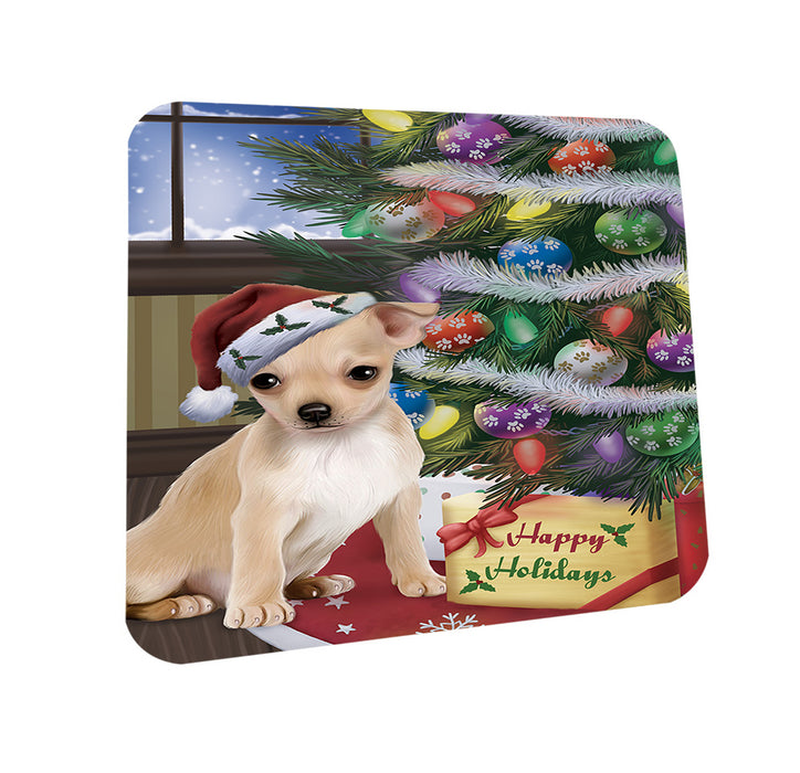 Christmas Happy Holidays Chihuahua Dog with Tree and Presents Coasters Set of 4 CST53778