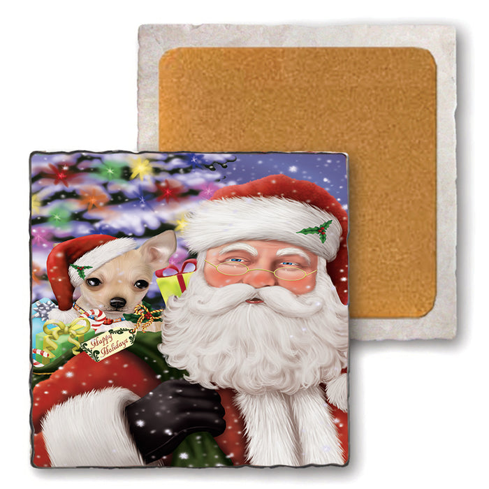 Santa Carrying Chihuahua Dog and Christmas Presents Set of 4 Natural Stone Marble Tile Coasters MCST48979