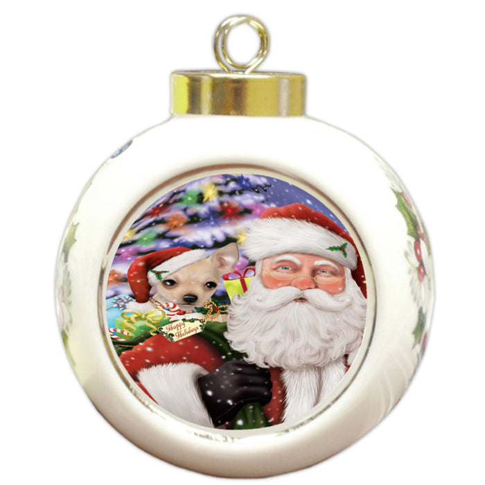 Santa Carrying Chihuahua Dog and Christmas Presents Round Ball Christmas Ornament RBPOR53979