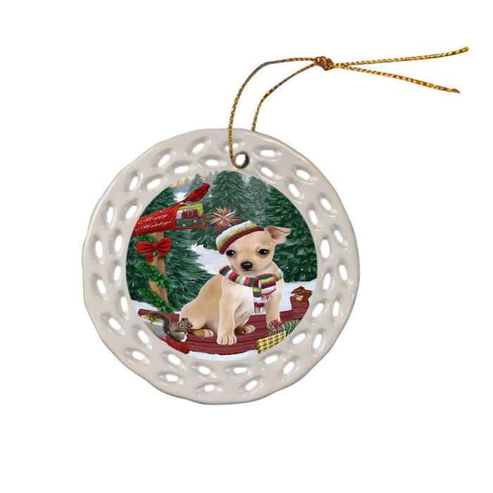 Merry Christmas Woodland Sled Chihuahua Dog Ceramic Doily Ornament DPOR55252