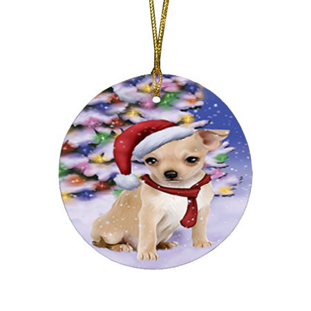 Winterland Wonderland Chihuahua Dog In Christmas Holiday Scenic Background  Round Flat Christmas Ornament RFPOR53372