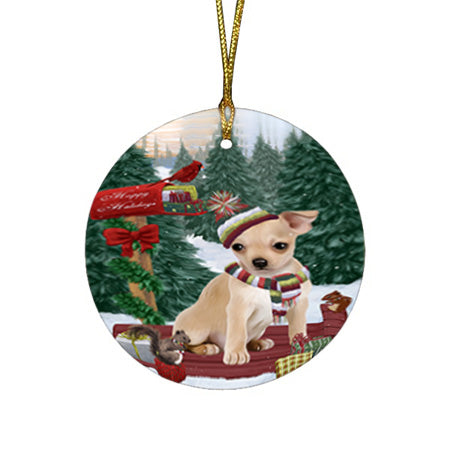 Merry Christmas Woodland Sled Chihuahua Dog Round Flat Christmas Ornament RFPOR55252