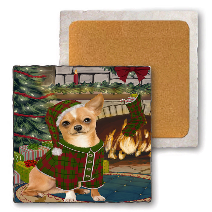 The Stocking was Hung Chihuahua Dog Set of 4 Natural Stone Marble Tile Coasters MCST50273
