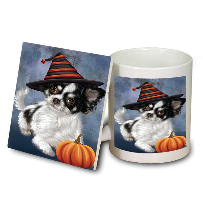 Happy Halloween Chihuahua Dog Wearing Witch Hat with Pumpkin Mug and Coaster Set MUC54876