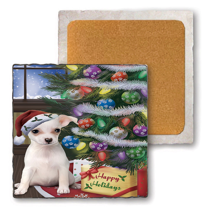 Christmas Happy Holidays Chihuahua Dog with Tree and Presents Set of 4 Natural Stone Marble Tile Coasters MCST48821