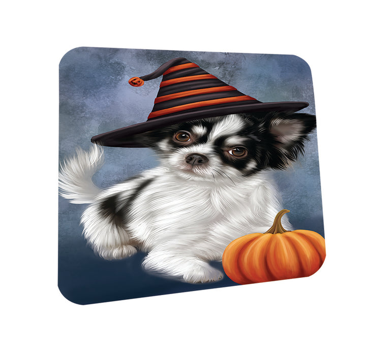 Happy Halloween Chihuahua Dog Wearing Witch Hat with Pumpkin Coasters Set of 4 CST54842