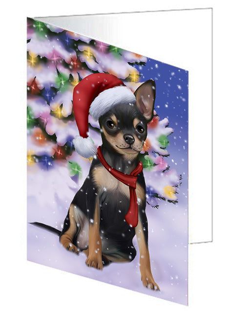 Winterland Wonderland Chihuahua Dog In Christmas Holiday Scenic Background  Handmade Artwork Assorted Pets Greeting Cards and Note Cards with Envelopes for All Occasions and Holiday Seasons GCD64175