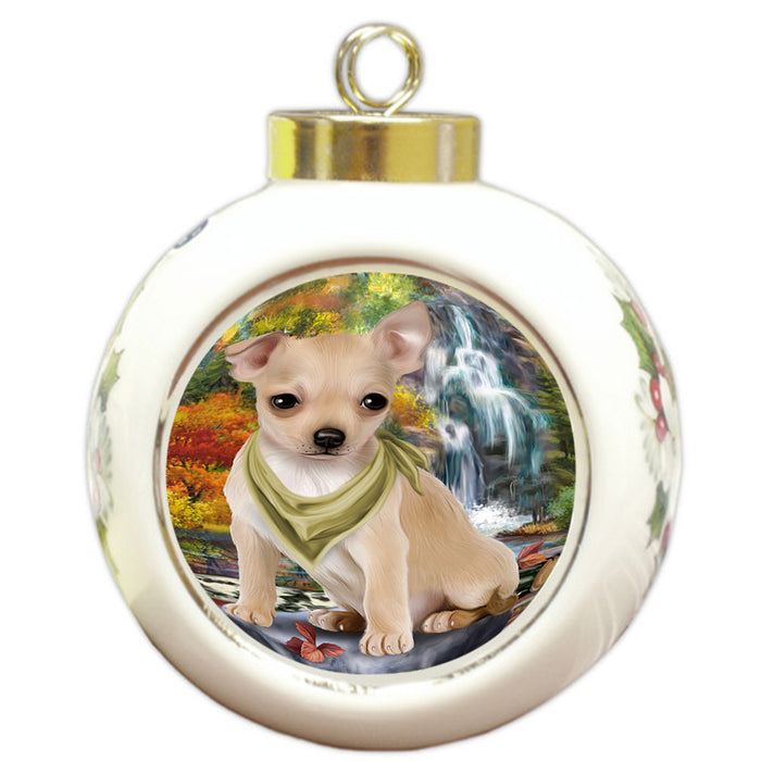 Scenic Waterfall Chihuahua Dog Round Ball Christmas Ornament RBPOR51856