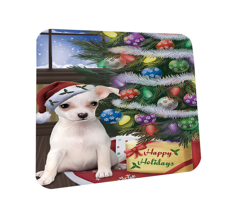 Christmas Happy Holidays Chihuahua Dog with Tree and Presents Coasters Set of 4 CST53779