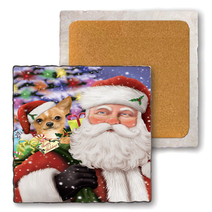 Santa Carrying Chihuahua Dog and Christmas Presents Set of 4 Natural Stone Marble Tile Coasters MCST48980