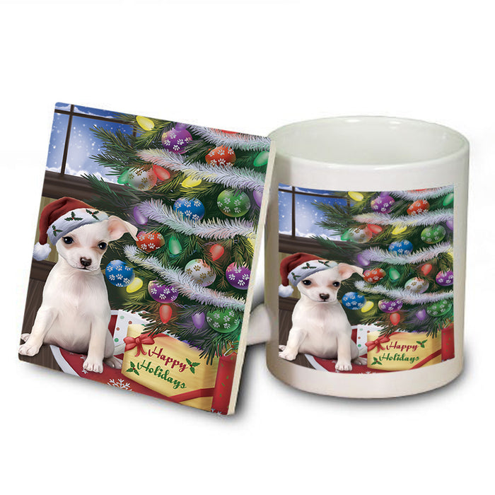 Christmas Happy Holidays Chihuahua Dog with Tree and Presents Mug and Coaster Set MUC53813