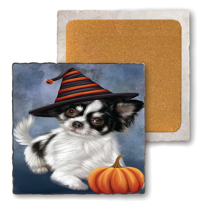 Happy Halloween Chihuahua Dog Wearing Witch Hat with Pumpkin Set of 4 Natural Stone Marble Tile Coasters MCST49884