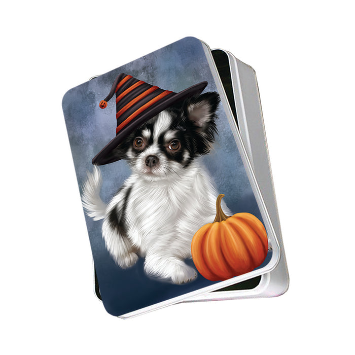 Happy Halloween Chihuahua Dog Wearing Witch Hat with Pumpkin Photo Storage Tin PITN54827